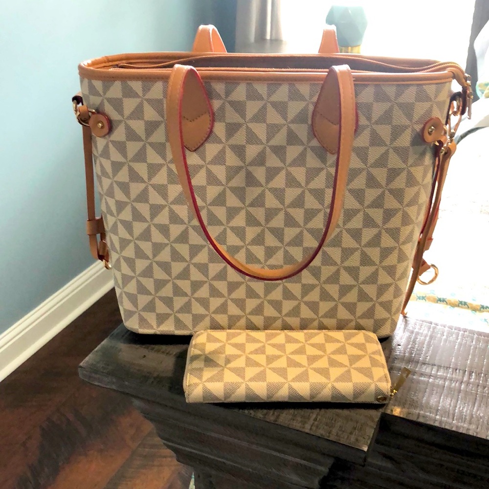 White, gray and tan handbag with matching wallet